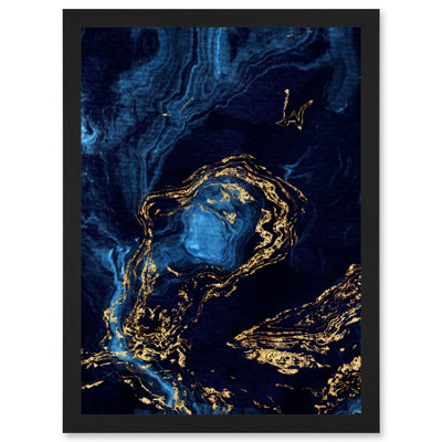 Artery8 Abstract Dark Blue Gold Waves Modern Wall Art Print - A4 Size