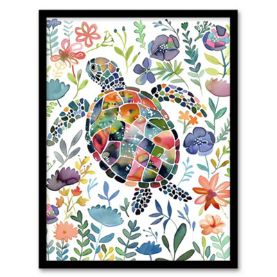 Artery8 Abstract Sea Turtle Colourful Floral Watercolour Wall Art Print ...