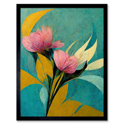 Artery8 Abstract Teal Pink Mustard Flower Floral Painting Framed Wall ...