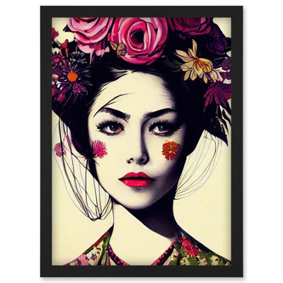 Artery8 Boho Woman With Flowers Headdress Modern Wall Art Print - A4 Size