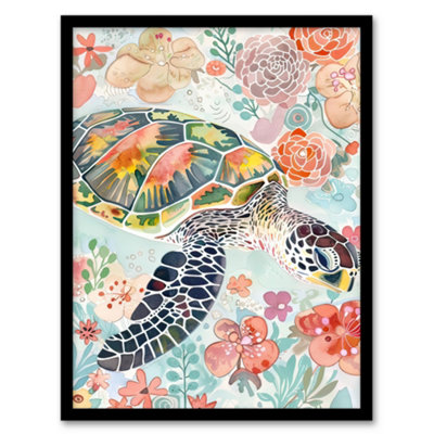 Artery8 Colourful Sea Turtle Marine Flowers Watercolour Wall Art Print ...