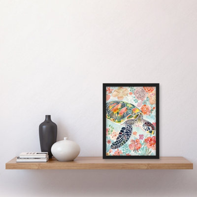 Artery8 Colourful Sea Turtle Marine Flowers Watercolour Wall Art Print ...