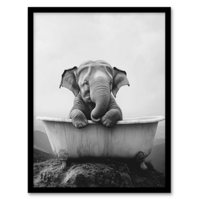 Artery8 Cute Baby Elephant In Bathtub Black White Surreal Wall Art ...