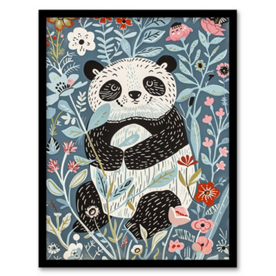 Artery8 Cute Baby Panda in Flower Patch Floral Quirky Wall Art Print ...