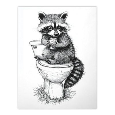 Artery8 Cute Raccoon On Toilet Funny Black White Drawing Wall Art Print ...