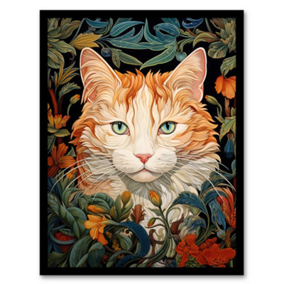 Artery8 Fat Ginger Cat In Foliage And Flowers Floral Design Wall Art ...