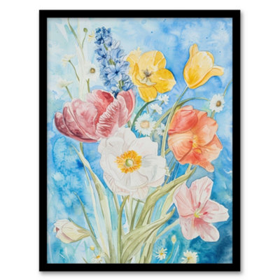 Artery8 Floral Bouquet Watercolour Blue Classic Spring Poster Wall Art ...