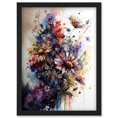 Artery8 Flower Bouquet over Watercolour Splat Illustration Wall Art ...