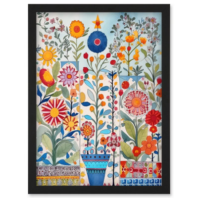 Artery8 Garden Flowers Folk Art Watercolour Painting Wall Art Print ...