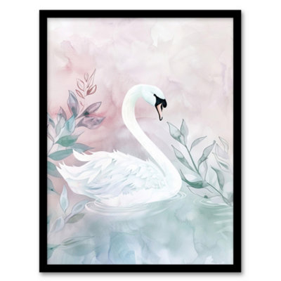 Artery8 Lake Swan Pink Green Light Watercolour Painting Wall Art Print ...