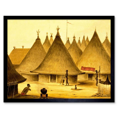Artery8 Landscape African Native Village Hut Pot Fire Spear Framed Wall ...