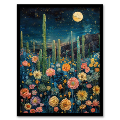 Artery8 Midnight Desert Blooms Flowers and Cactus Moon Poster Wall Art ...