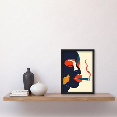 Artery8 Red Lips Smoking Abstract Portrait Woman Wall Art Print - A4 Size