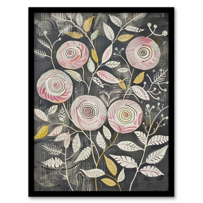 Artery8 Rose Flowers Pink Grey Folk Art Patterns Wall Art Print - A4 Size