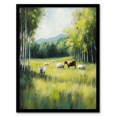 Artery8 Sheep Cows Grazing Countryside Field Painting Wall Art Print ...