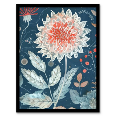 Artery8 Single Red Dahlia Flower Blue Botanical Artwork Wall Art Print ...