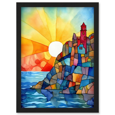Artery8 Sunset Coastal Cliffs Lighthouse Folk Art Wall Art Print - A4 Size