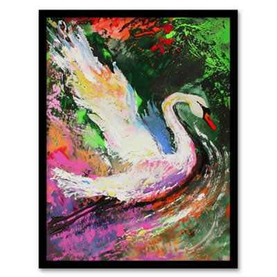 Artery8 Swan Landing on Lake Colourful Painting Wall Art Print - A4 Size