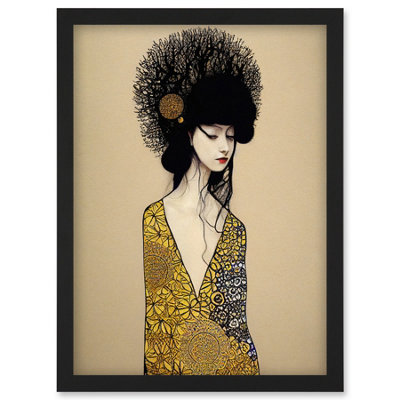 Artery8 The Goddess in Gold Black Klimt Style Robe Wall Art Print - A4 Size