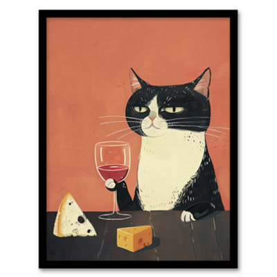 Artery8 Tuxedo Cat Drinking Wine with Cheese Painting Poster Wall Art ...