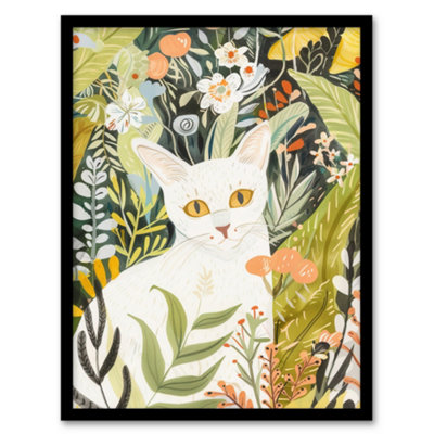 Artery8 White Cat Lover Pet in Summer Flower Garden Wall Art Print - A4 ...