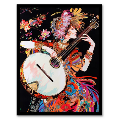Artery8 Woman Floral Banjo Player Colourful Portrait Wall Art Print ...