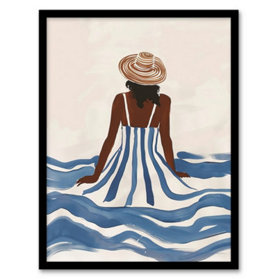 Artery8 Woman in Blue White Stripy Summer Holiday Dress Wall Art Print ...