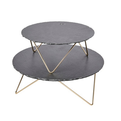 Artesa 2 Piece Round Tiered Slate Serving Stand Raised Metal Legs, Food-Safe