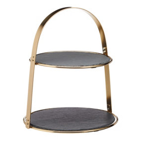 Artesa 2-Tier Brass Cake Stand with Round Slate Serving Platters