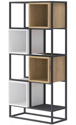 Arthauss Modern Metal Bookcase H1440mm W660mm D350mm, Black Frame, White & Natural Cube Shelves, High Storage Solution