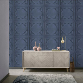 Arthouse 3D Decorative Panelled Flourish Design Square Panels Wallpaper Navy Blue 942503