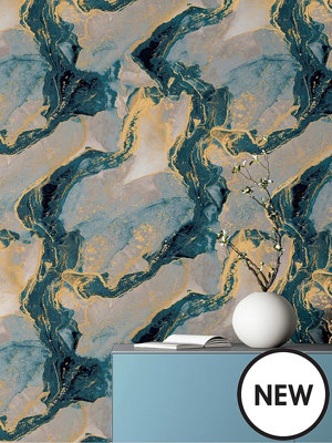 Arthouse Abstract Marble Teal/Gold Wallpaper