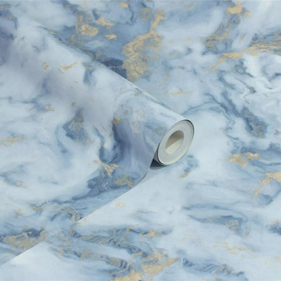 Arthouse Blue Marble Metallic Gold Effect Wallpaper -922807