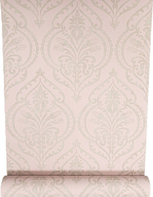 Arthouse Blush Pink Silver Grey Moroccan Damask Textured Heavy Vinyl Wallpaper