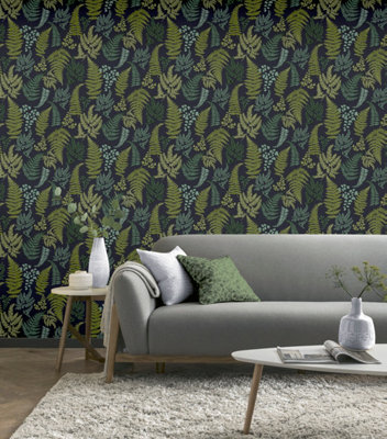 Arthouse Botanical Fern Charcoal/Green Wallpaper