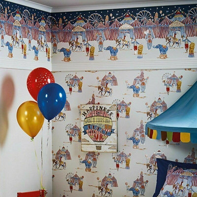 Arthouse Circus Fun Cream Red Blue Glitter Shimmer Kids Wallpaper Border Frieze