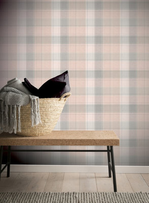 Arthouse Country Check Pink/Grey Wallpaper