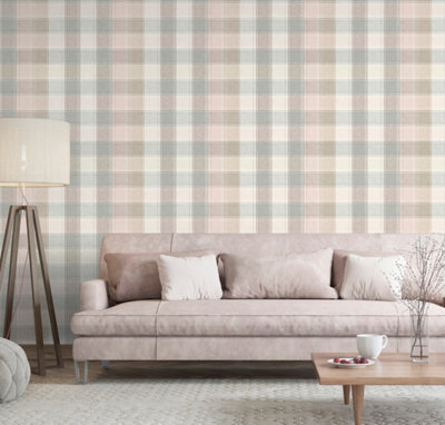 Arthouse Country Check Pink/Grey Wallpaper