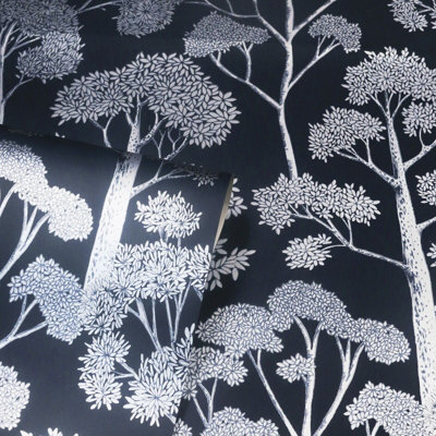 Arthouse Delamere Navy Blue Metallic Silver Tree Leaves Forest Wallpaper