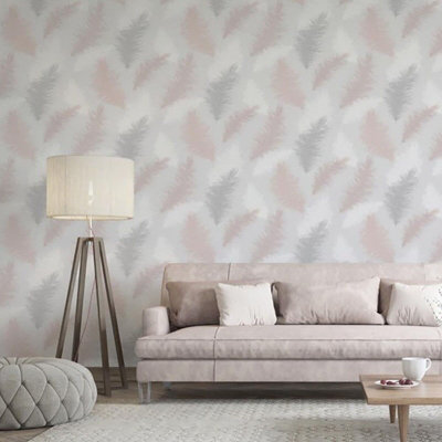 Arthouse Delicate Feather Grey Blush Pink White Wallpaper