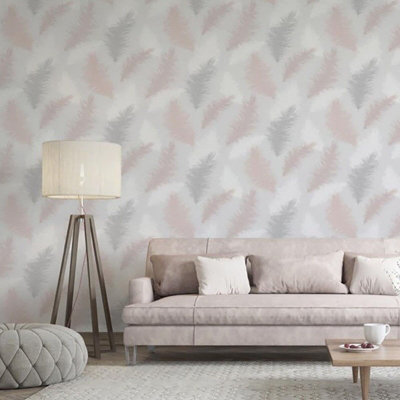 Sussurro Large Feather Wallpaper Blush Pink Grey Silver Glitter