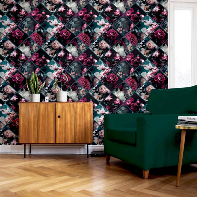 Arthouse Floral Collage Plum & Teal Wallpaper