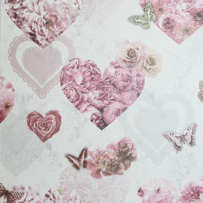 Pink White Floral Glitter Wallpaper Butterflies Hearts Girls Arthouse Sample