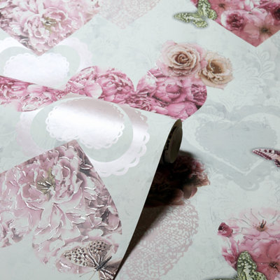 Pink White Floral Glitter Wallpaper Butterflies Hearts Girls Arthouse Sample