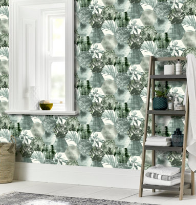 Arthouse Foliage Hex Green Wallpaper