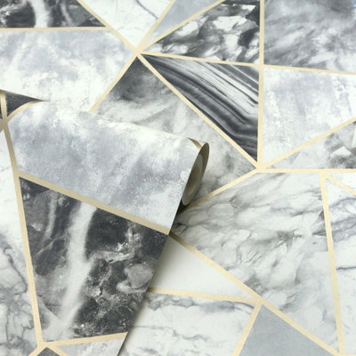 Arthouse Geometric Charcoal White Grey Marble Metallic Gold Feature Wallpaper