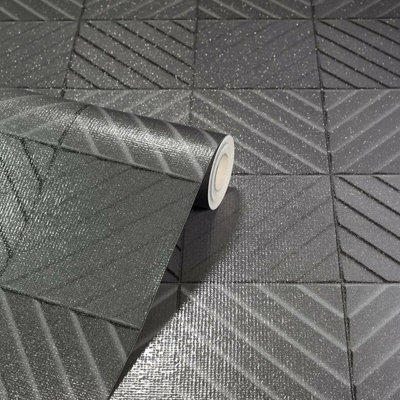 Arthouse Glitter Gunmetal Dark Grey Charcoal Black Mix Tile Textured Wallpaper