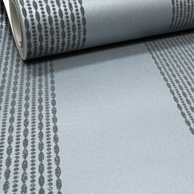 WM7803001 Striped Wallpaper Black Silver metallic lines Rustic Stripes