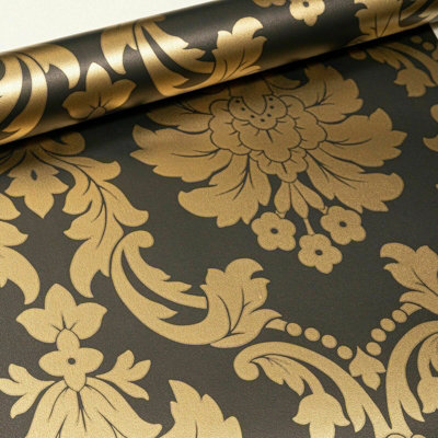 Arthouse Gold Black Traditional Vintage Floral Damask Metallic Quality Wallpaper