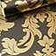 Arthouse Gold Black Traditional Vintage Floral Damask Metallic Quality Wallpaper